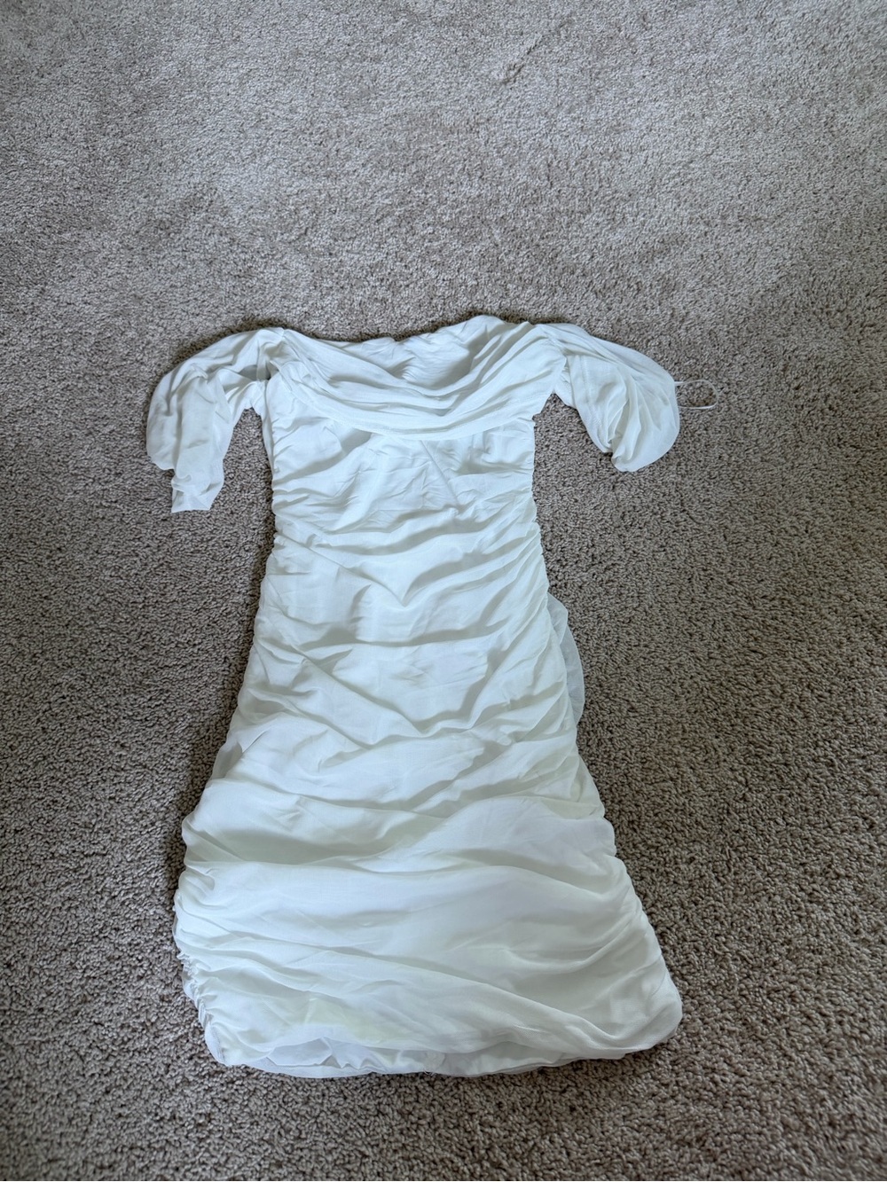 Off-Brand White Ruched Mini Dress with Bardot Neckline